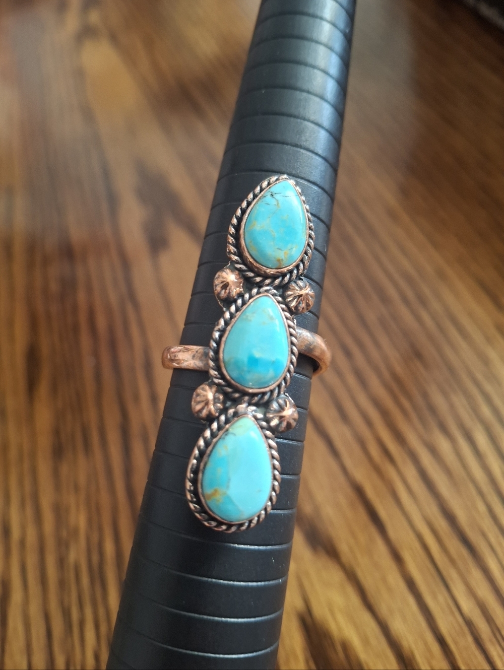 Ring Large 3 Turquoise Teardrop Stones Copper Frame And Adjustable Band 9-12